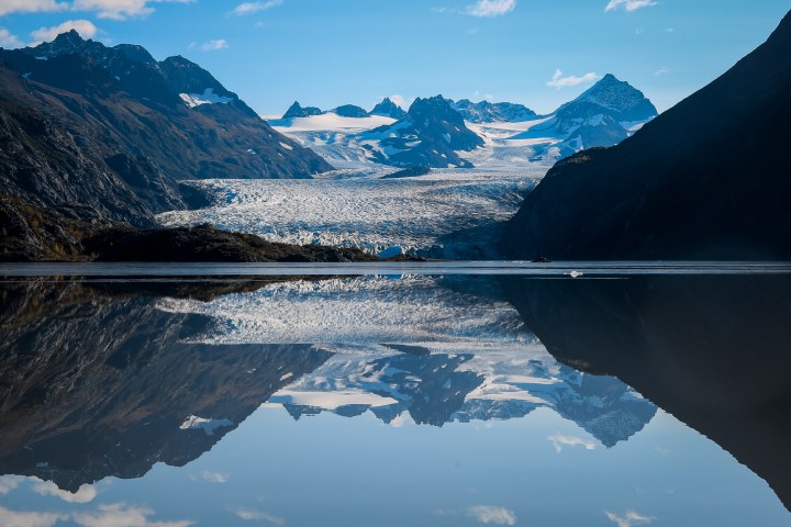 a view of a lake with a mountain in the background